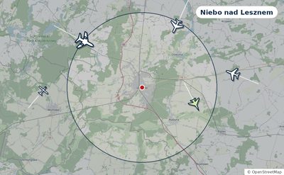Mapa okolic miasta z sylwetkami samolotów — Niebo nad Lesznem